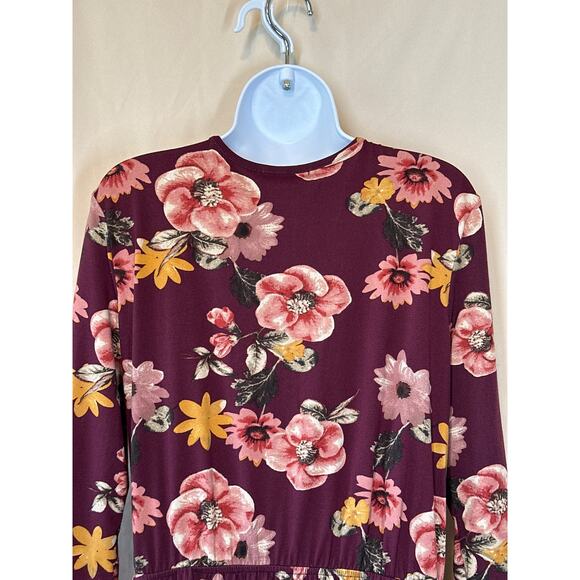 DOWNEAST Dress L Burgundy Wine Fall Fairy Ruffled Floral Cottagecore Faux Wrap - Picture 7 of 13